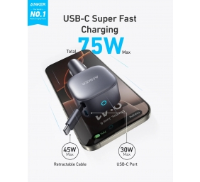 Anker Nano Car Charger (75W, USB-C Port, Built-In Retractable USB-C Cable)