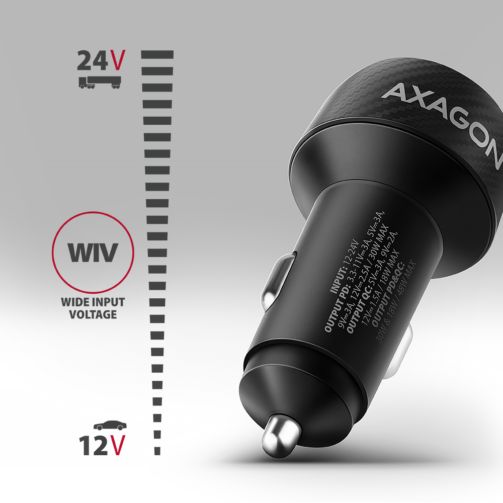 AXAGON Car charger 48W, USB-A + USB-C, PD3.0/PPS/QC4+/SFC | PWC-PQ48