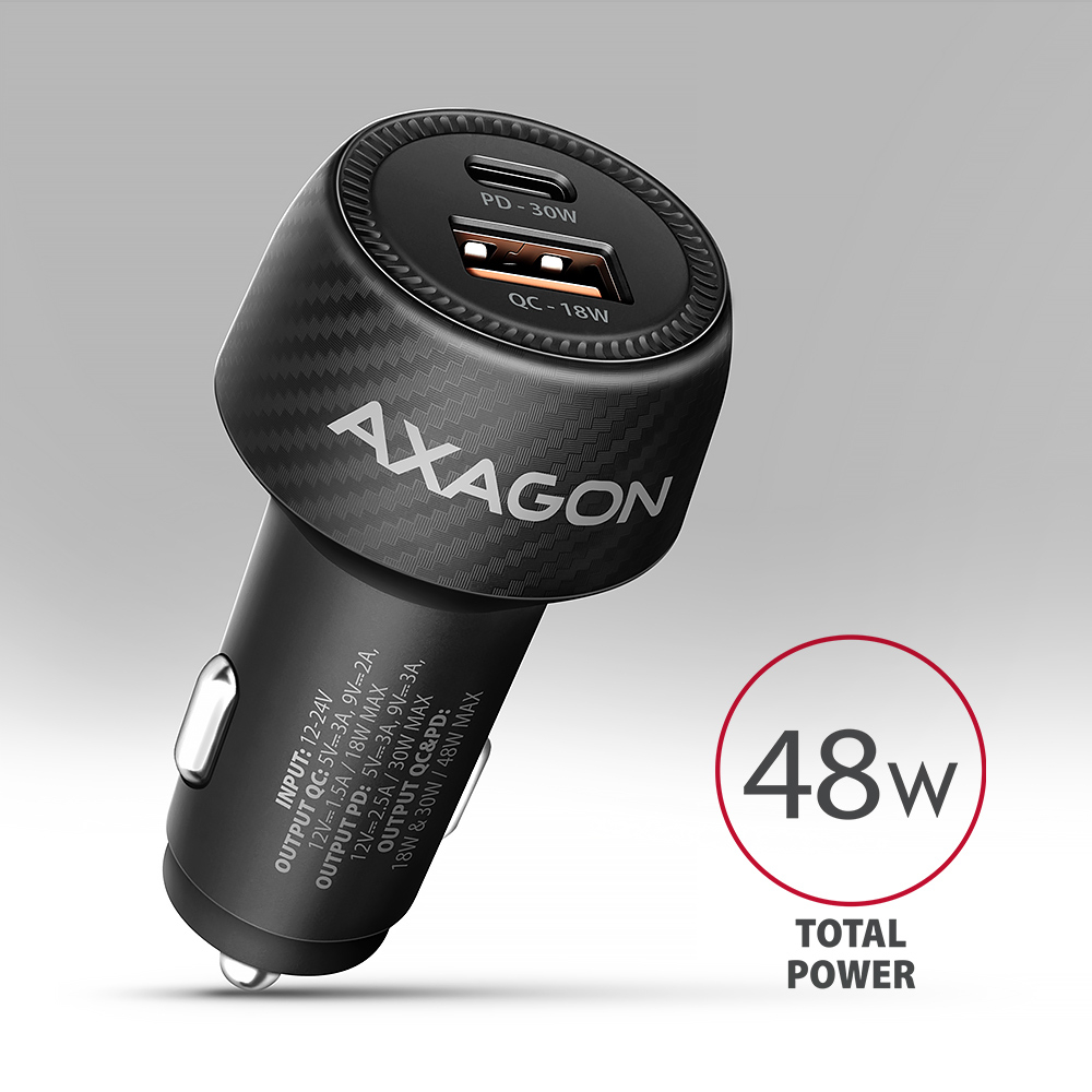 AXAGON Car charger 48W, USB-A + USB-C, PD3.0/PPS/QC4+/SFC | PWC-PQ48