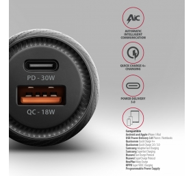 AXAGON Car charger 48W, USB-A + USB-C, PD3.0/PPS/QC4+/SFC | PWC-PQ48