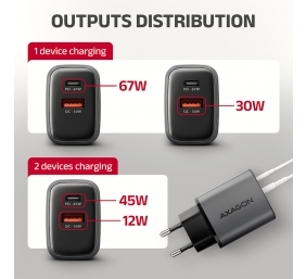 AXAGON Wall charger 67W, 2x port (USB-A + USB-C) PD3.0/PPS/QC4+/SFC 2.0/Apple | ACU-PQ67