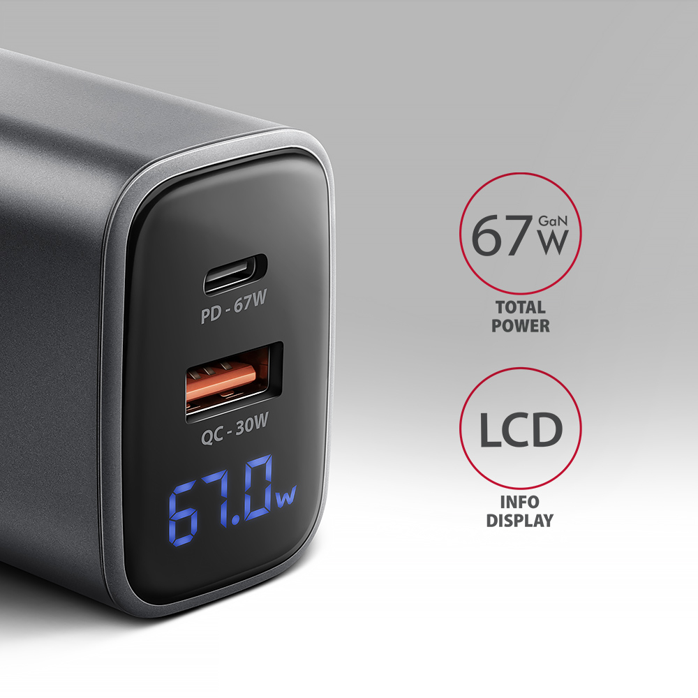 AXAGON Wall charger 67W, USB-A + USB-C, PD3.0/PPS/QC4+/SF | ACU-PQ67D