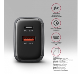 AXAGON Wall charger 67W, USB-A + USB-C, PD3.0/PPS/QC4+/SF | ACU-PQ67D