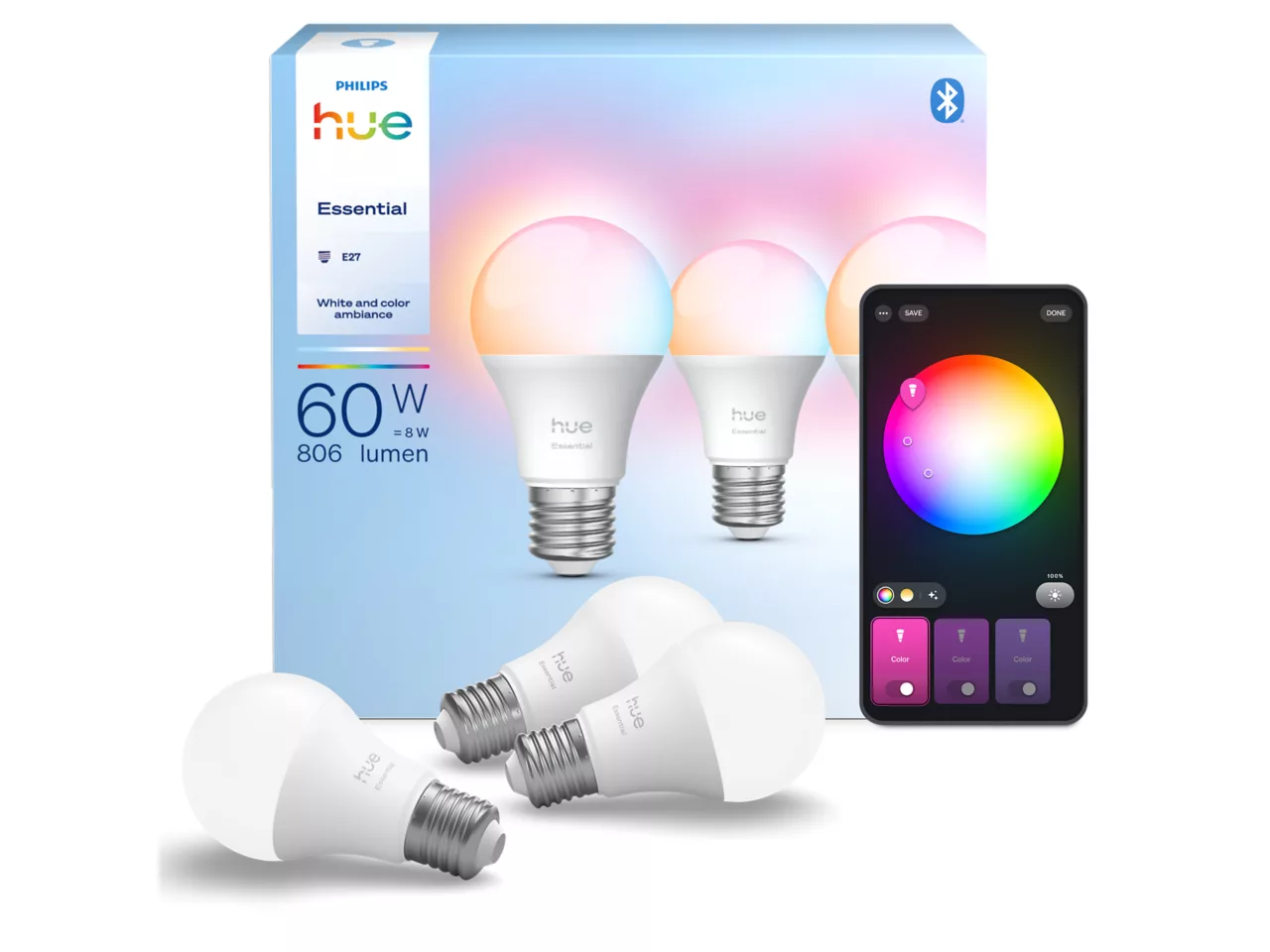 Philips Hue E WCA 806 A60 3P EU | E27 | 8 W | 16 million colours, White and colour light | Bluetooth and Zigbee