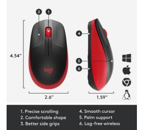 Logitech M190 Full-Size Belaidė pelė, RF Wireless, 1000 DPI, Raudona (SPEC)