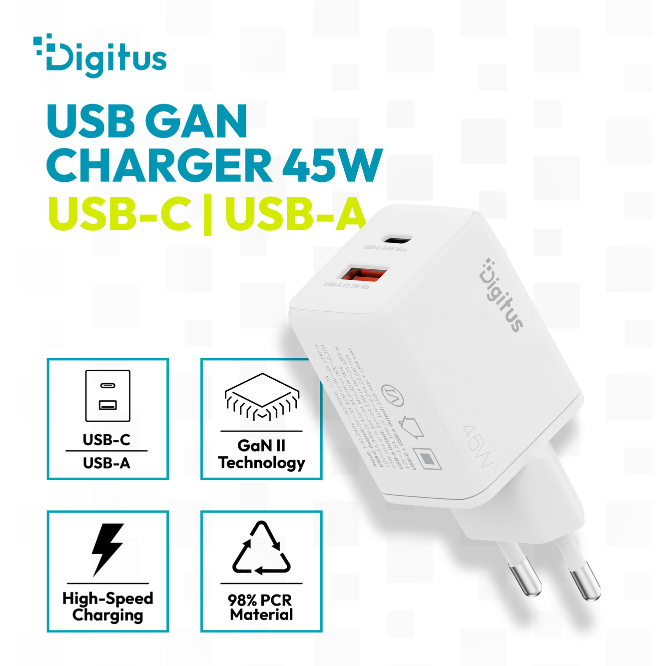 Digitus USB GaN Charger 45W, 1x USB-C, 1x USB-A | DA-10302