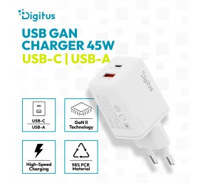 Digitus USB GaN Charger 45W, 1x USB-C, 1x USB-A | DA-10302