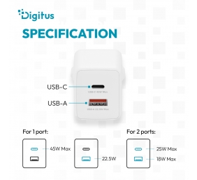Digitus USB GaN Charger 45W, 1x USB-C, 1x USB-A | DA-10302