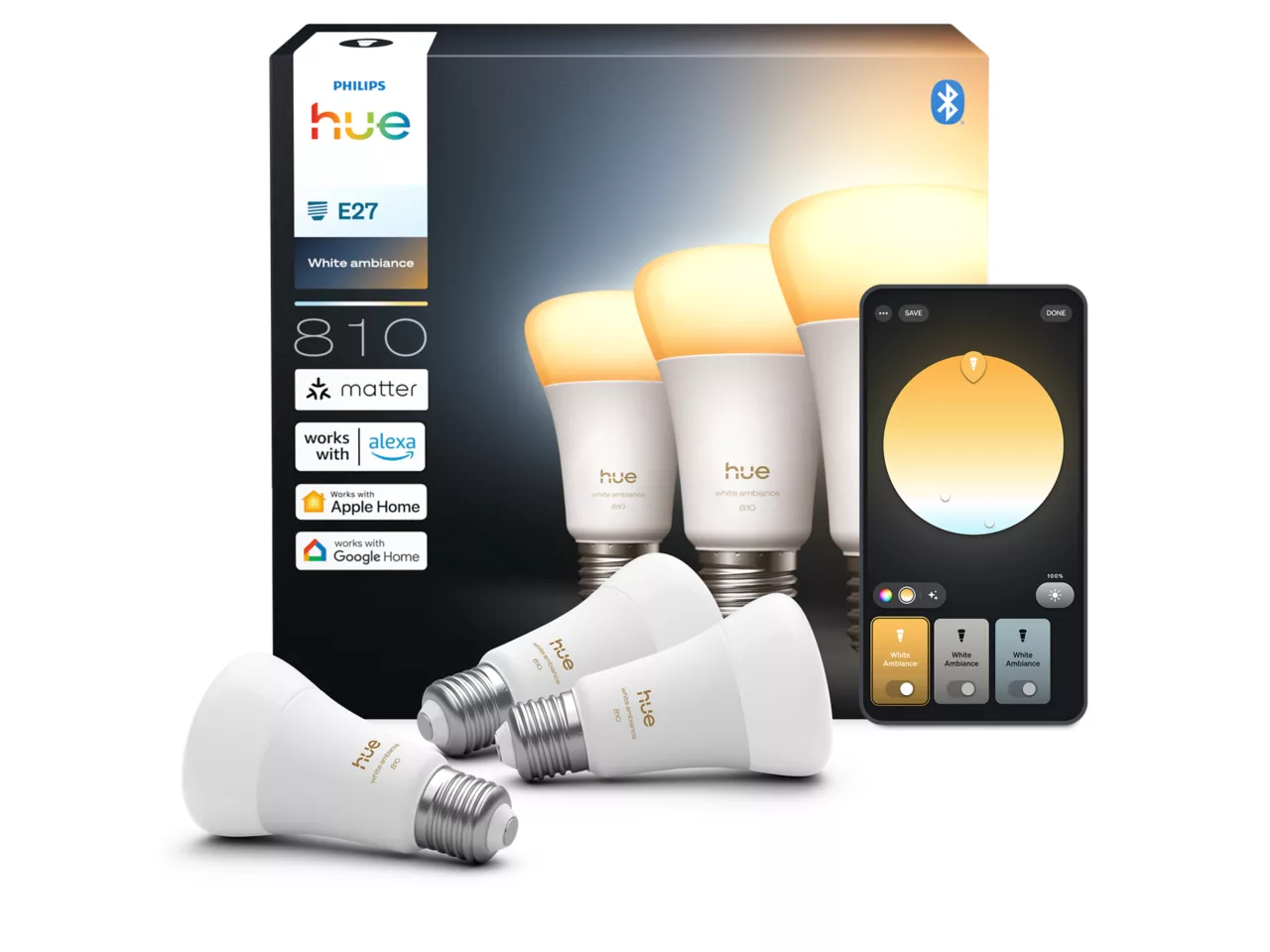 Philips Hue WA 810 A60 3P EU | E27 | 6 W | Warm to cool white light | Bluetooth, Zigbee