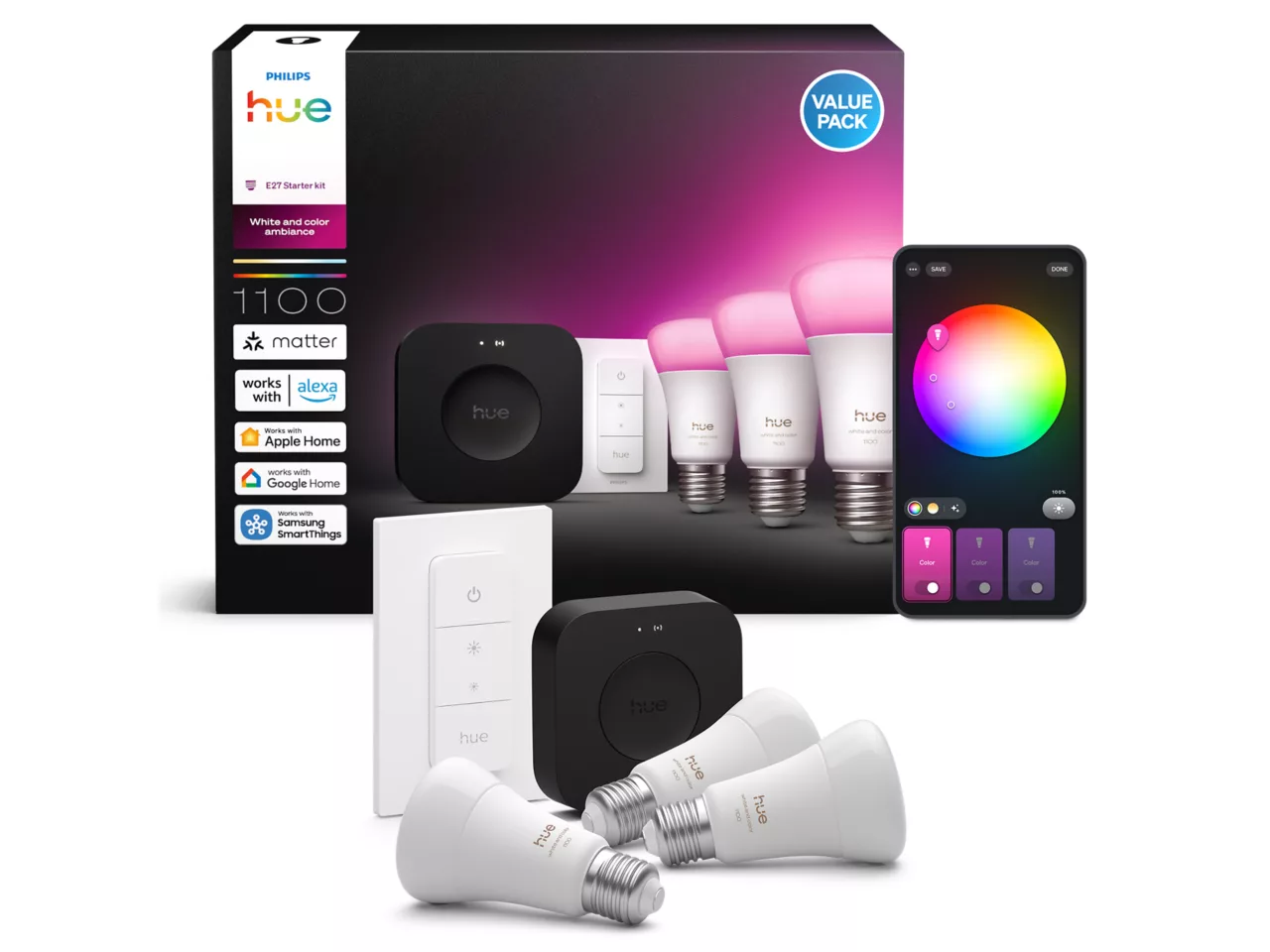 Philips Hue Starter set: 3 smart E27 bulbs, dimmer switch, Hue Bridge Pro | E27 | White and colored light