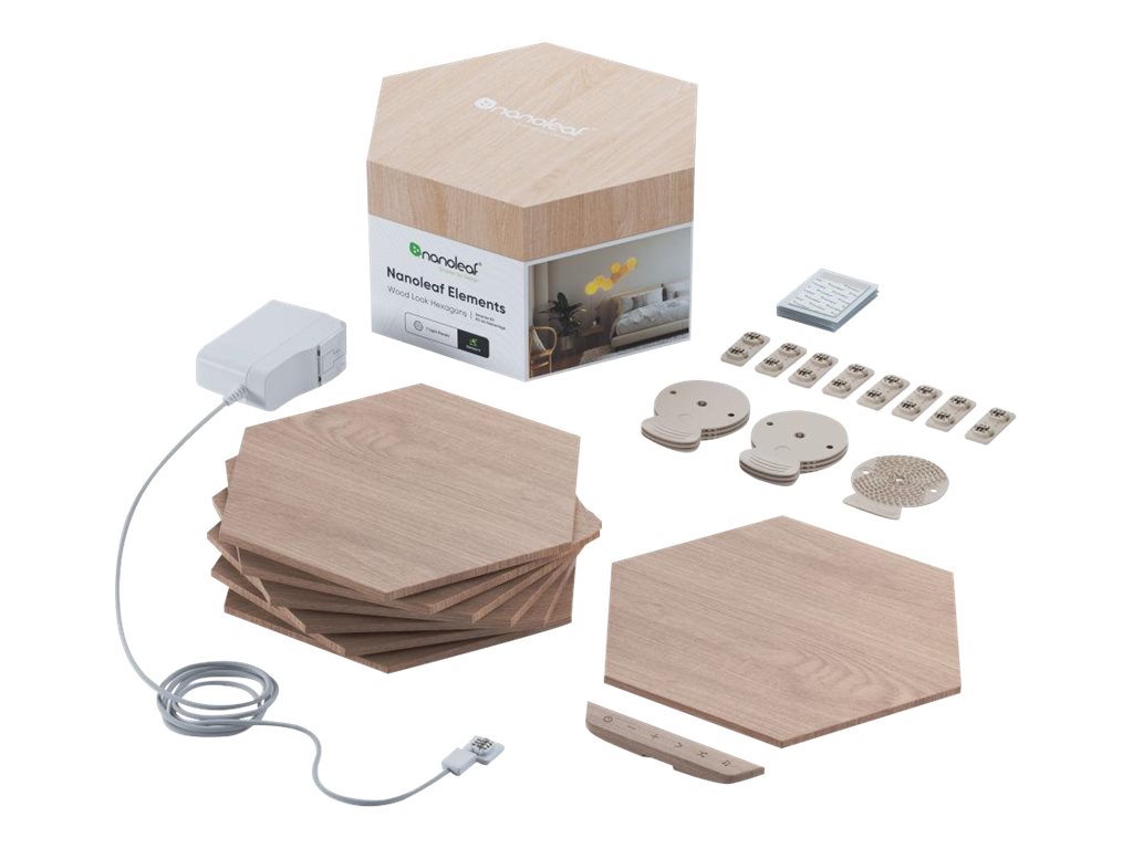 Nanoleaf | Elements Wood Look Hexagons Starter Kit (7 panels) | Cool White + Warm White