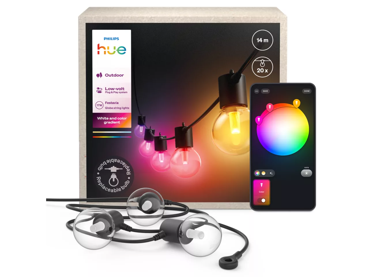 Philips Hue Festavia Globe String Lights for Outdoor Use, 14 m | 30 W | Bluetooth, Zigbee