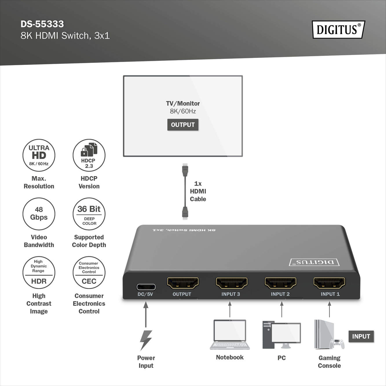 Digitus 8K HDMI Switch, 3x1 | DS-55333 | Black
