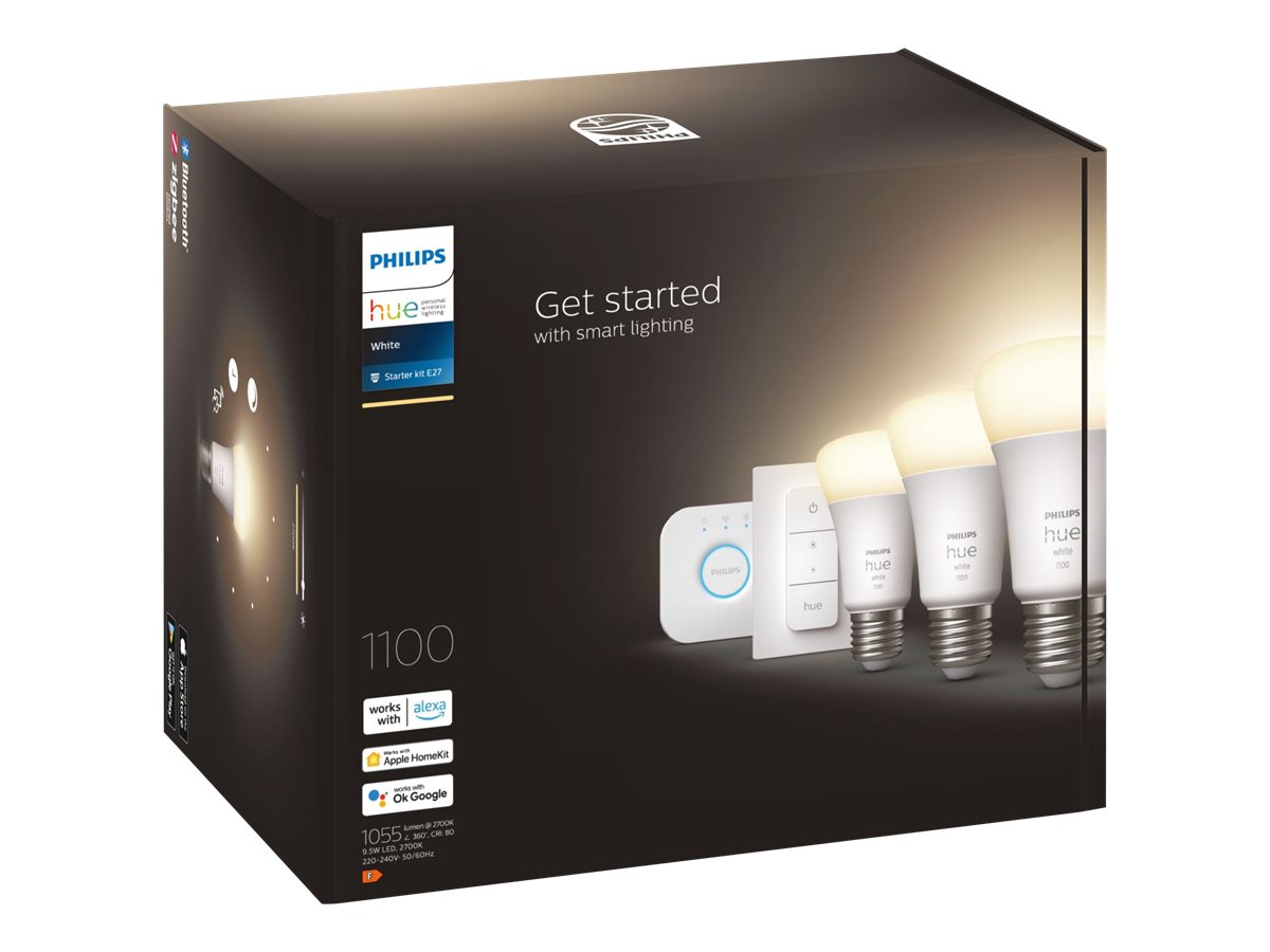 Hue W Starter Kit 9,5W A60 E27, 3pcs, Bridge, Switch | E27 | 9.5 W | Warm White 2700K | Bluetooth and Zigbee