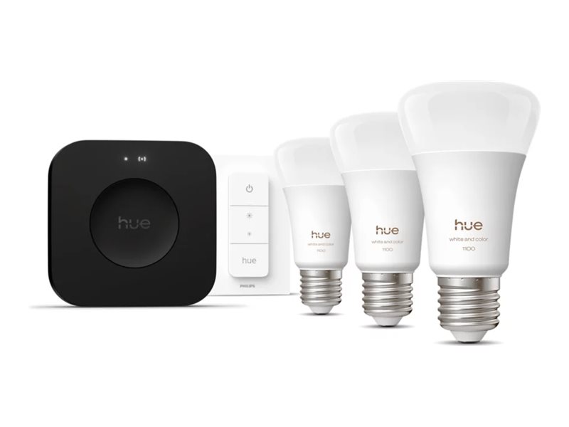 Philips Hue Starter set: 3 smart E27 bulbs, dimmer switch, Hue Bridge Pro | E27 | White and colored light
