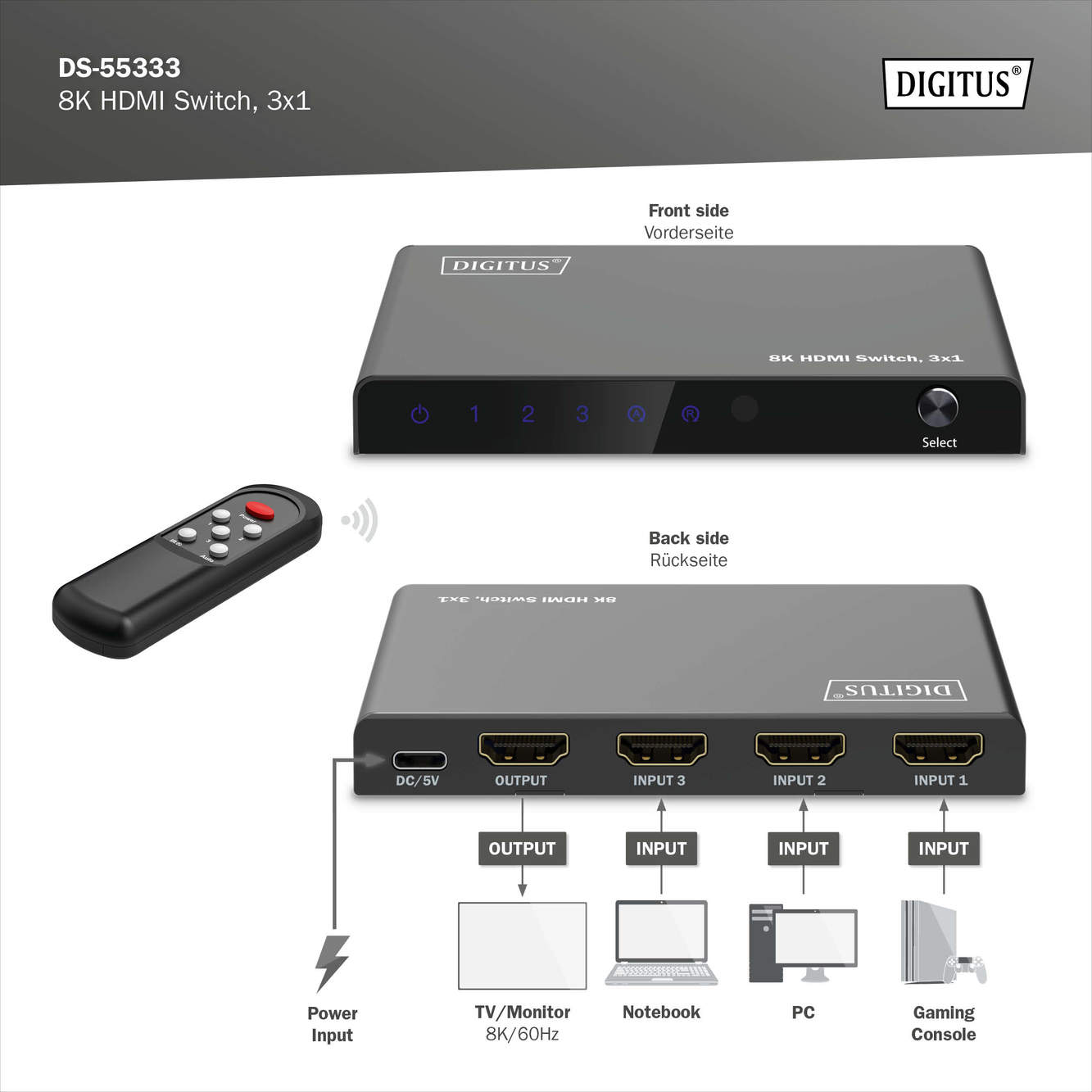 Digitus 8K HDMI Switch, 3x1 | DS-55333 | Black