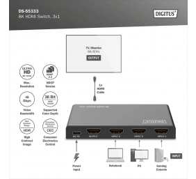 Digitus 8K HDMI Switch, 3x1 | DS-55333 | Black