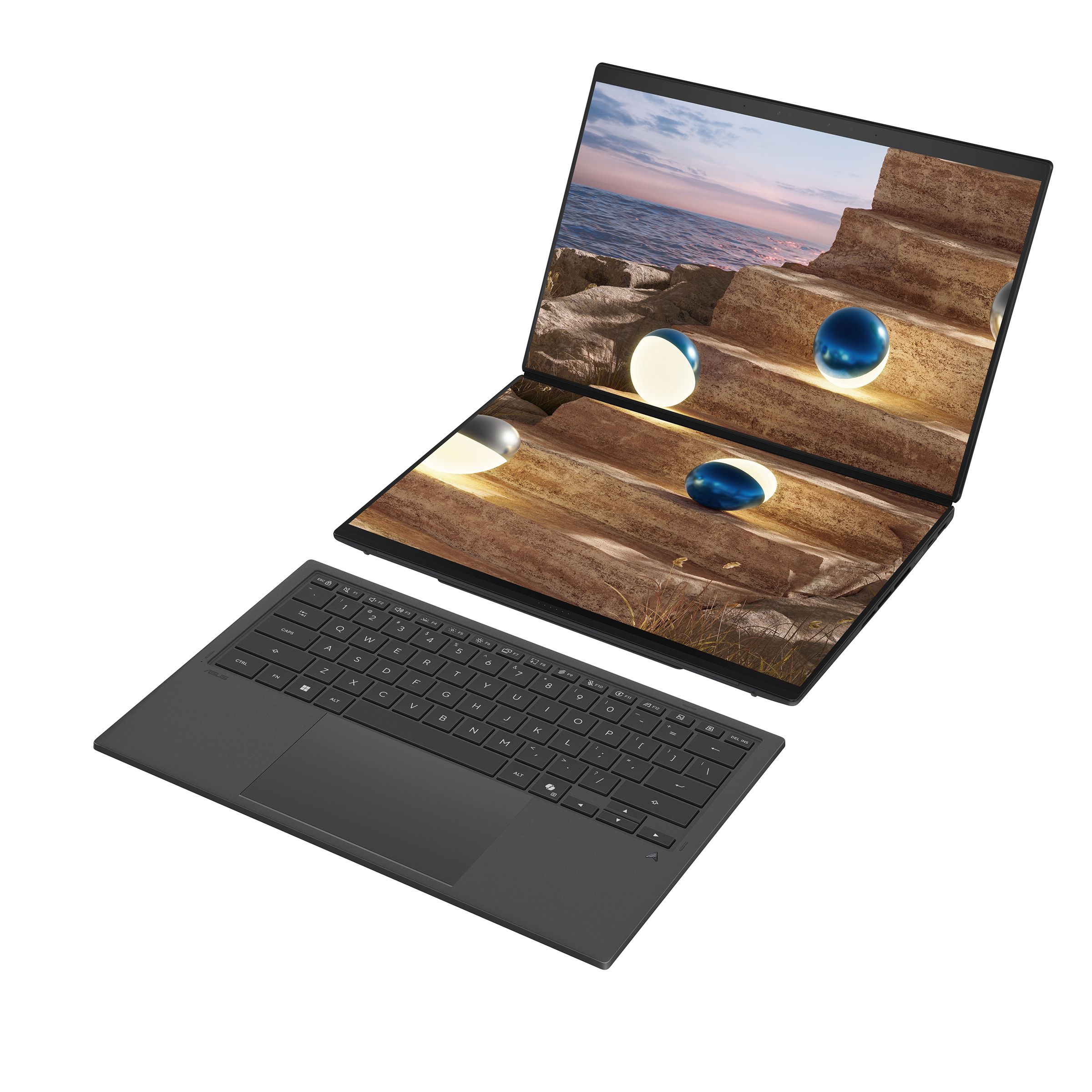 Asus Zenbook Duo UX8407AA-SN094X | Moher Gray | 14 " | OLED | Touchscreen | 2.8K | 2880 x 1800 pixels | Anti-Reflective | Intel Core Ultra 9 | 378H | 32 GB | LPDDR5X | Solid-state drive capacity 2000 GB | Intel Arc Graphics | Windows 11 Home | 802.11be | 