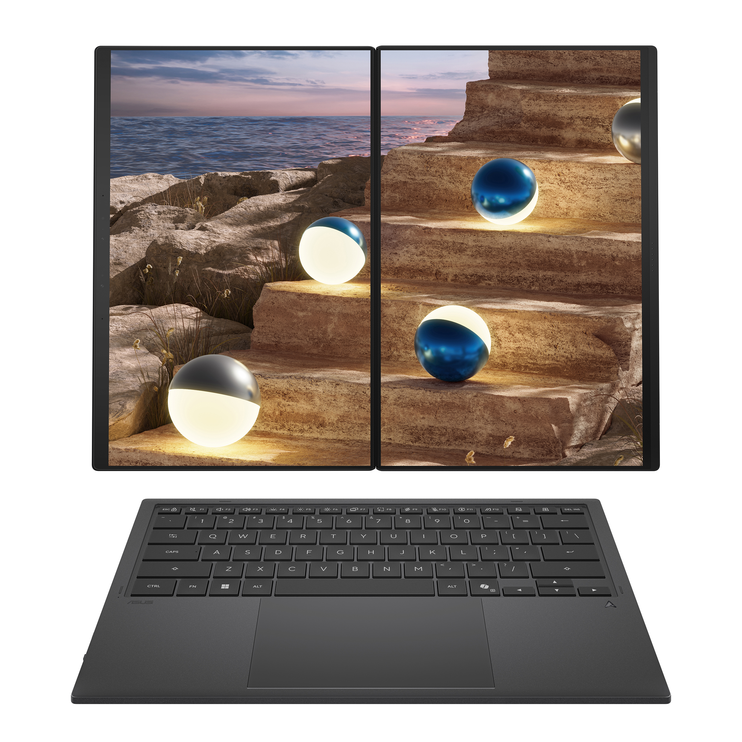 Asus Zenbook Duo UX8407AA-SN094X | Moher Gray | 14 " | OLED | Touchscreen | 2.8K | 2880 x 1800 pixels | Anti-Reflective | Intel Core Ultra 9 | 378H | 32 GB | LPDDR5X | Solid-state drive capacity 2000 GB | Intel Arc Graphics | Windows 11 Home | 802.11be | 