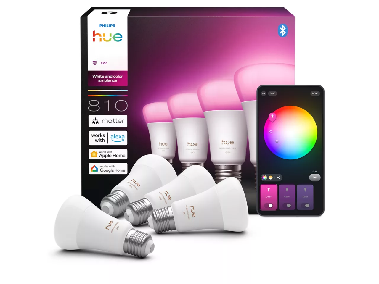 Philips Hue WCA 810 A60 E27 4P EU | E27 | 6 W | White and colour light | Bluetooth and Zigbee