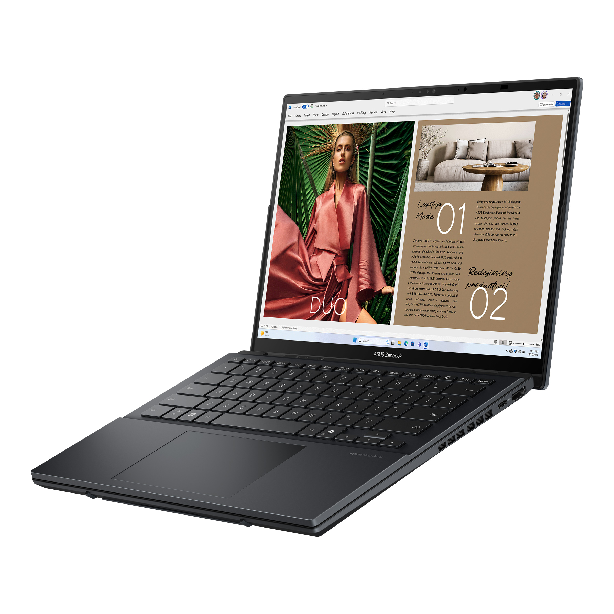 Asus | Zenbook Duo UX8406CA-QL287W | Inkwell Gray | 14 " | OLED | Touchscreen | FHD | 1920 x 1200 pixels | Intel Core Ultra 7 | 255H | 16 GB | LPDDR5X | Solid-state drive capacity 1000 GB | Intel Arc Graphics | Windows 11 Home | 802.11be | Bluetooth versi