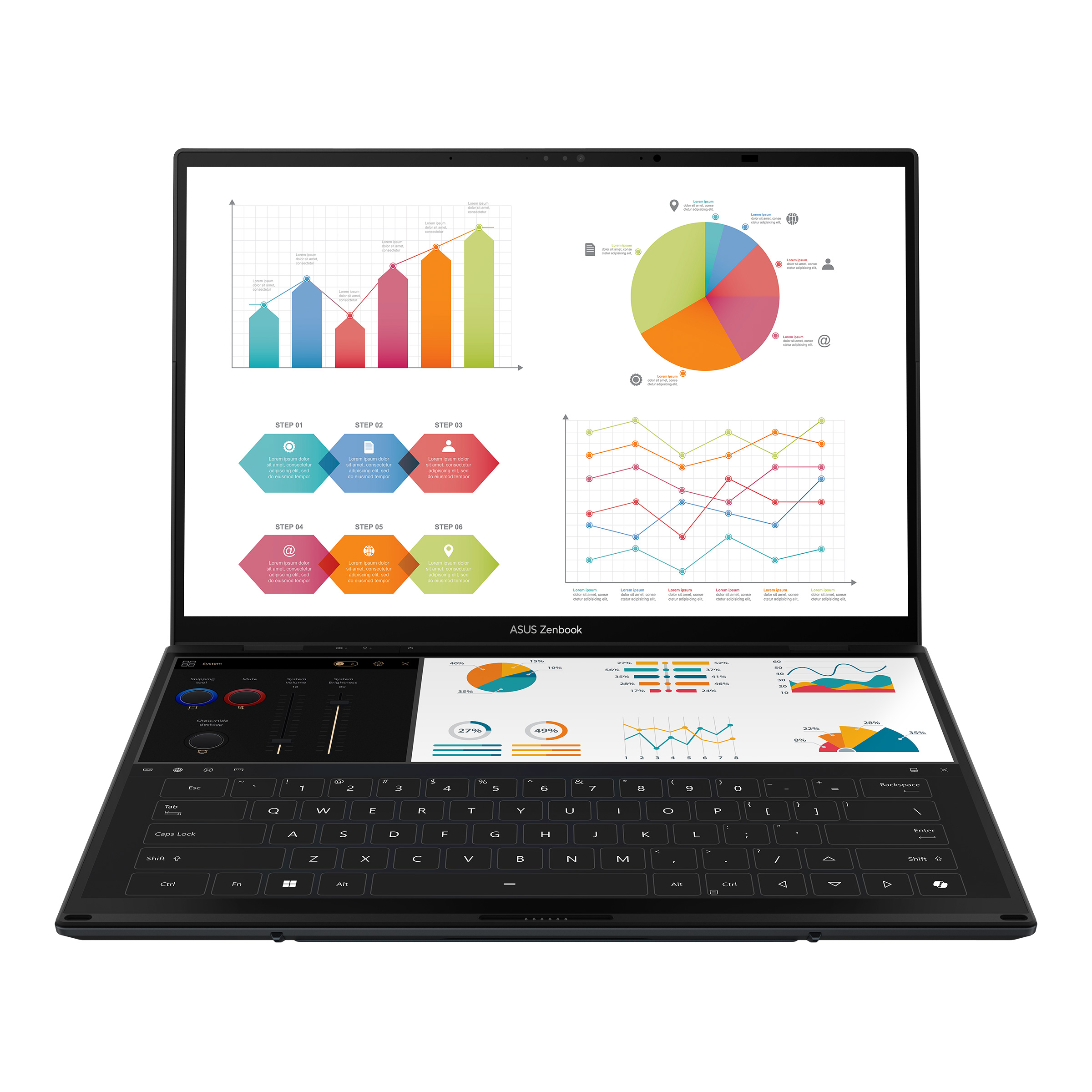 Asus | Zenbook Duo UX8406CA-QL287W | Inkwell Gray | 14 " | OLED | Touchscreen | FHD | 1920 x 1200 pixels | Intel Core Ultra 7 | 255H | 16 GB | LPDDR5X | Solid-state drive capacity 1000 GB | Intel Arc Graphics | Windows 11 Home | 802.11be | Bluetooth versi