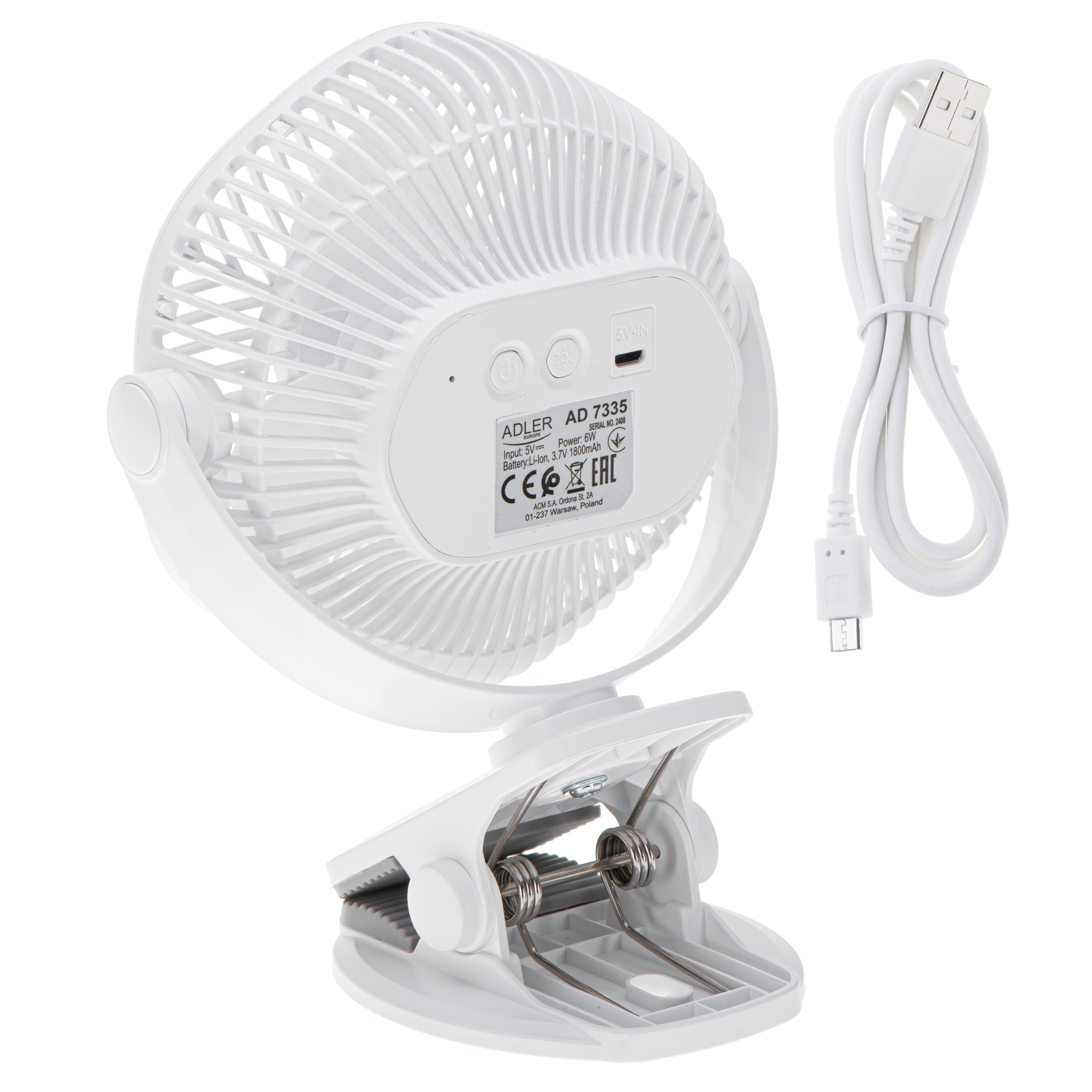 Adler Rechargeable fan with clip | AD 7335 | Table Fan | 6 W | Diameter 12.7 cm | Number of speeds 3 | Oscillation | White
