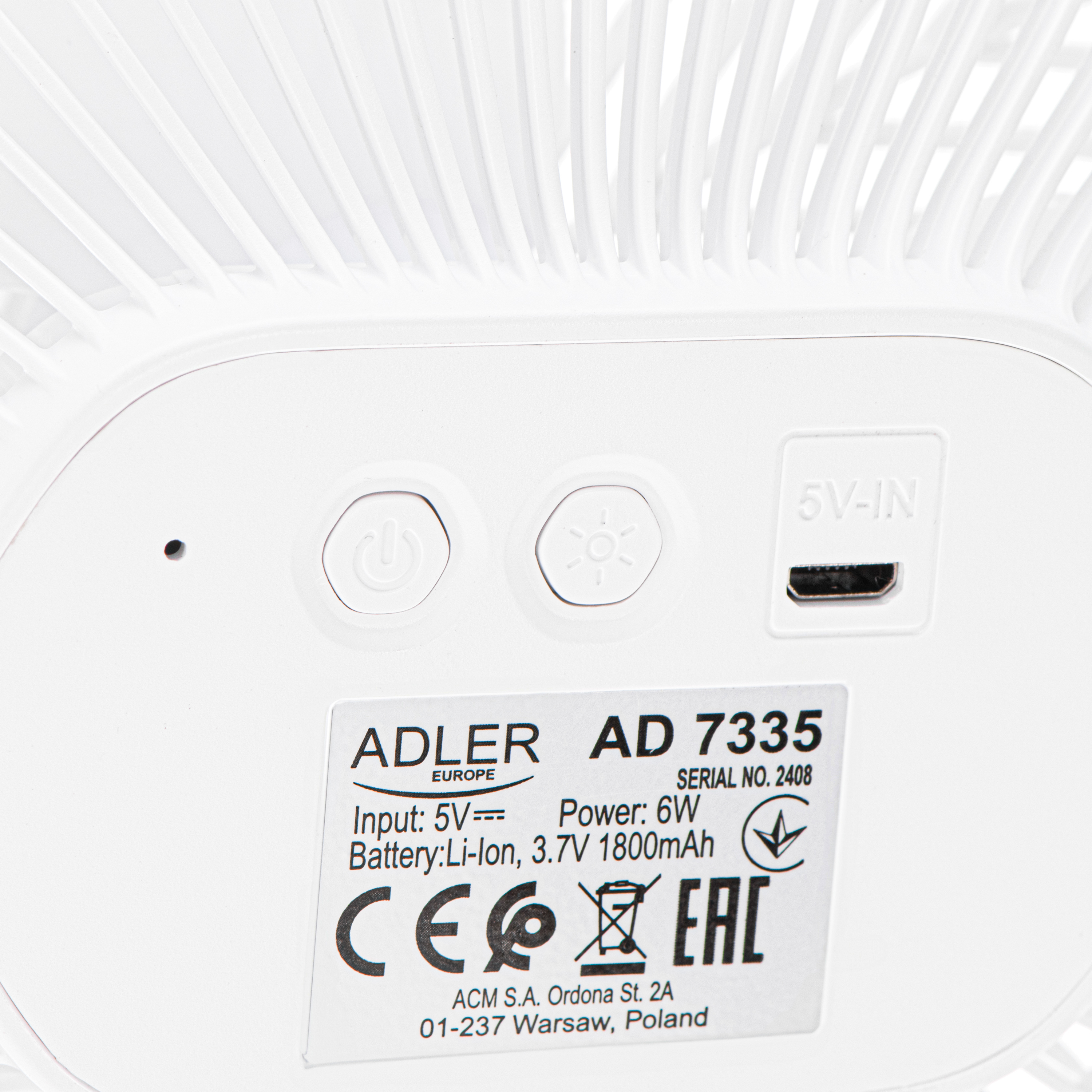 Adler Rechargeable fan with clip | AD 7335 | Table Fan | 6 W | Diameter 12.7 cm | Number of speeds 3 | Oscillation | White