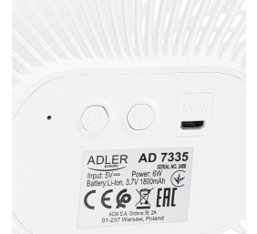 Adler Rechargeable fan with clip | AD 7335 | Table Fan | 6 W | Diameter 12.7 cm | Number of speeds 3 | Oscillation | White