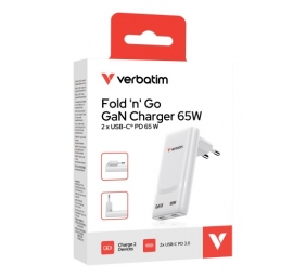 Verbatim 32355 Fold 'n' Go GaN Įkroviklis 65W 2-Port, USB-C, EU Plug, Balta