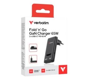 Verbatim 32354 Fold 'n' Go GaN Įkroviklis 65W 2-Port, USB-C, EU Plug, Juoda