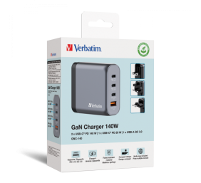 Verbatim 32203 GaN Įkroviklis 140W 4-Port, USB-A/USB-C, EU/UK/US Plug, Pilka/Juoda