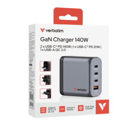Verbatim 32203 GaN Įkroviklis 140W 4-Port, USB-A/USB-C, EU/UK/US Plug, Pilka/Juoda