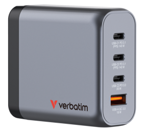 Verbatim 32203 GaN Įkroviklis 140W 4-Port, USB-A/USB-C, EU/UK/US Plug, Pilka/Juoda