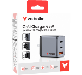 Verbatim 32201 GaN Įkroviklis 65W 3-Port, USB-A/USB-C, EU/UK/US Plug, Pilka/Juoda