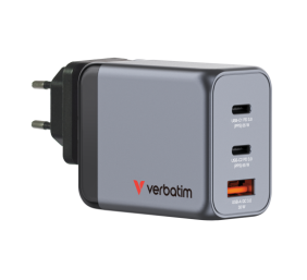 Verbatim 32201 GaN Įkroviklis 65W 3-Port, USB-A/USB-C, EU/UK/US Plug, Pilka/Juoda
