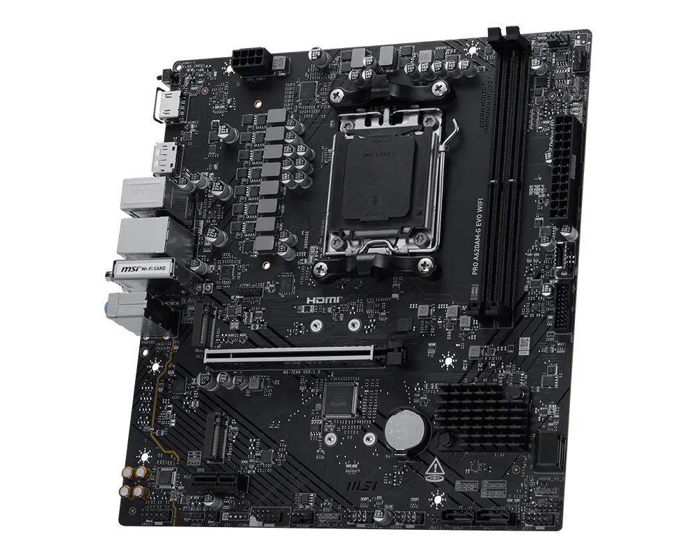 MSI PRO A620AM-G EVO WIFI | Processor family AMD | Processor socket AM5 | DDR5 | Number of SATA connectors 4 | Supported hard disk drive interfaces SATA, M.2