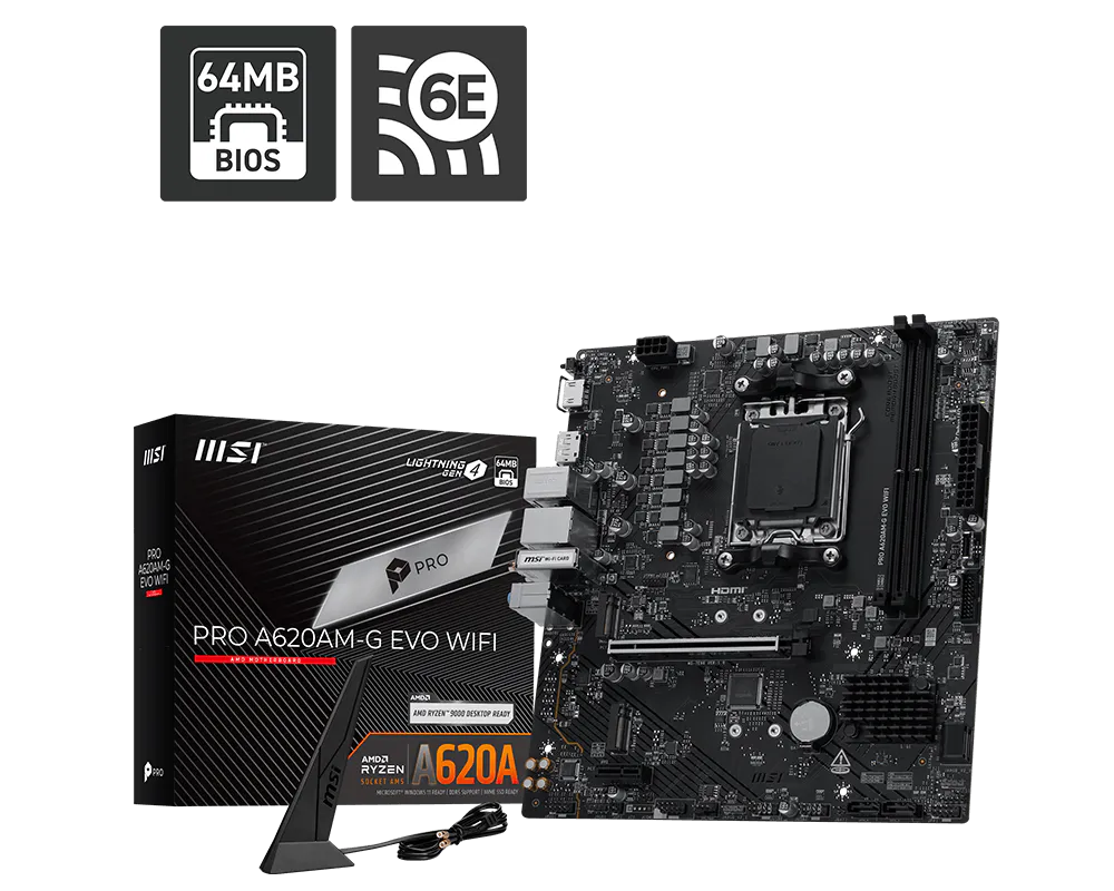MSI PRO A620AM-G EVO WIFI | Processor family AMD | Processor socket AM5 | DDR5 | Number of SATA connectors 4 | Supported hard disk drive interfaces SATA, M.2