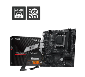 MSI PRO A620AM-G EVO WIFI | Processor family AMD | Processor socket AM5 | DDR5 | Number of SATA connectors 4 | Supported hard disk drive interfaces SATA, M.2