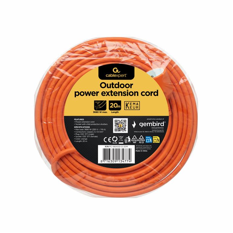 Cablexpert | Power extension cord, 20 m | PC-186XOD-O-20M | Cord | Orange