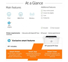 HP LaserJet M110we Spausdintuvas lazerinis B/W A4 20 ppm USB Wi-Fi Ethernet LAN Bluetooth (SPEC)