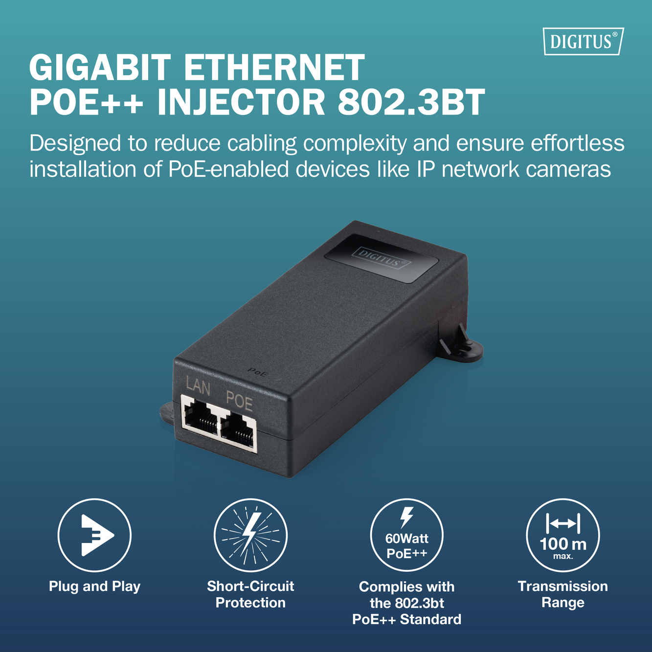 Digitus Gigabit Ethernet PoE++ injector, 802.3bt | DN-95104-1