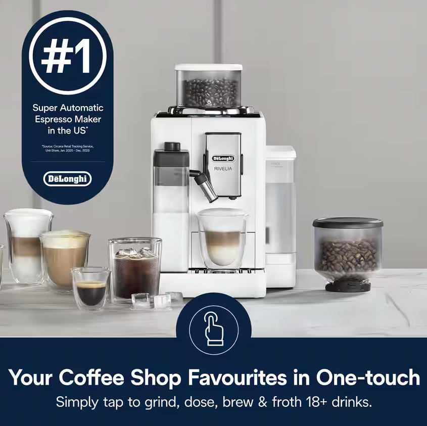 Delonghi | Coffee maker | Rivelia EXAM440.55.W | Pump pressure 19 bar | Built-in milk frother | Fully Automatic | 1450 W | Arctic White