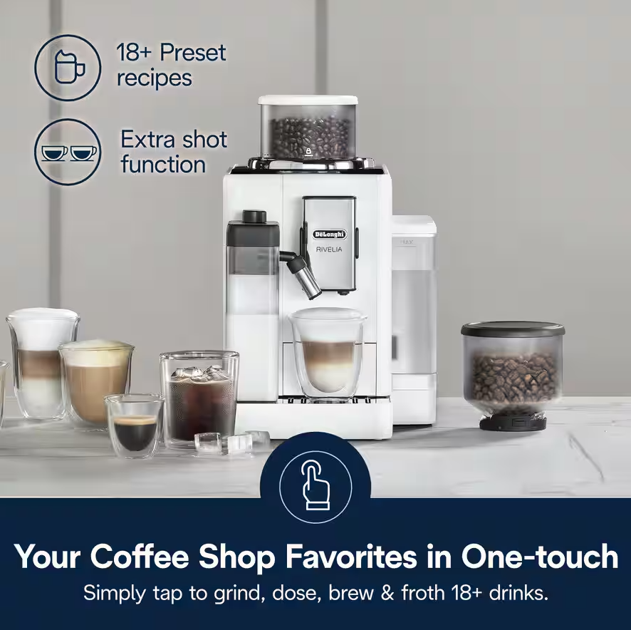 Delonghi | Coffee maker | Rivelia EXAM440.55.W | Pump pressure 19 bar | Built-in milk frother | Fully Automatic | 1450 W | Arctic White