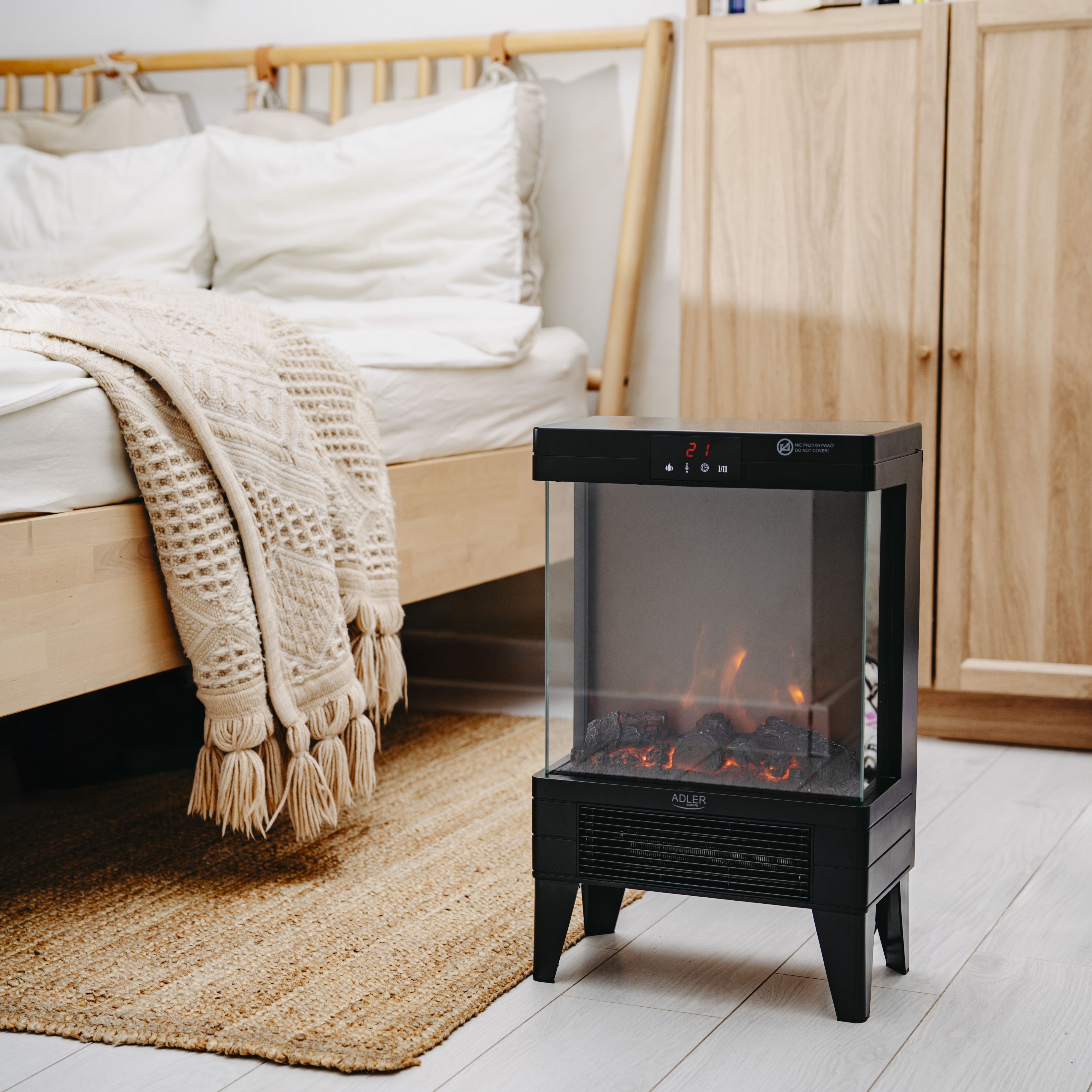 Adler LED electric fireplace with remote control | AD 7755 | Ceramic Heater | 2000 W | Number of power levels 2 | Black