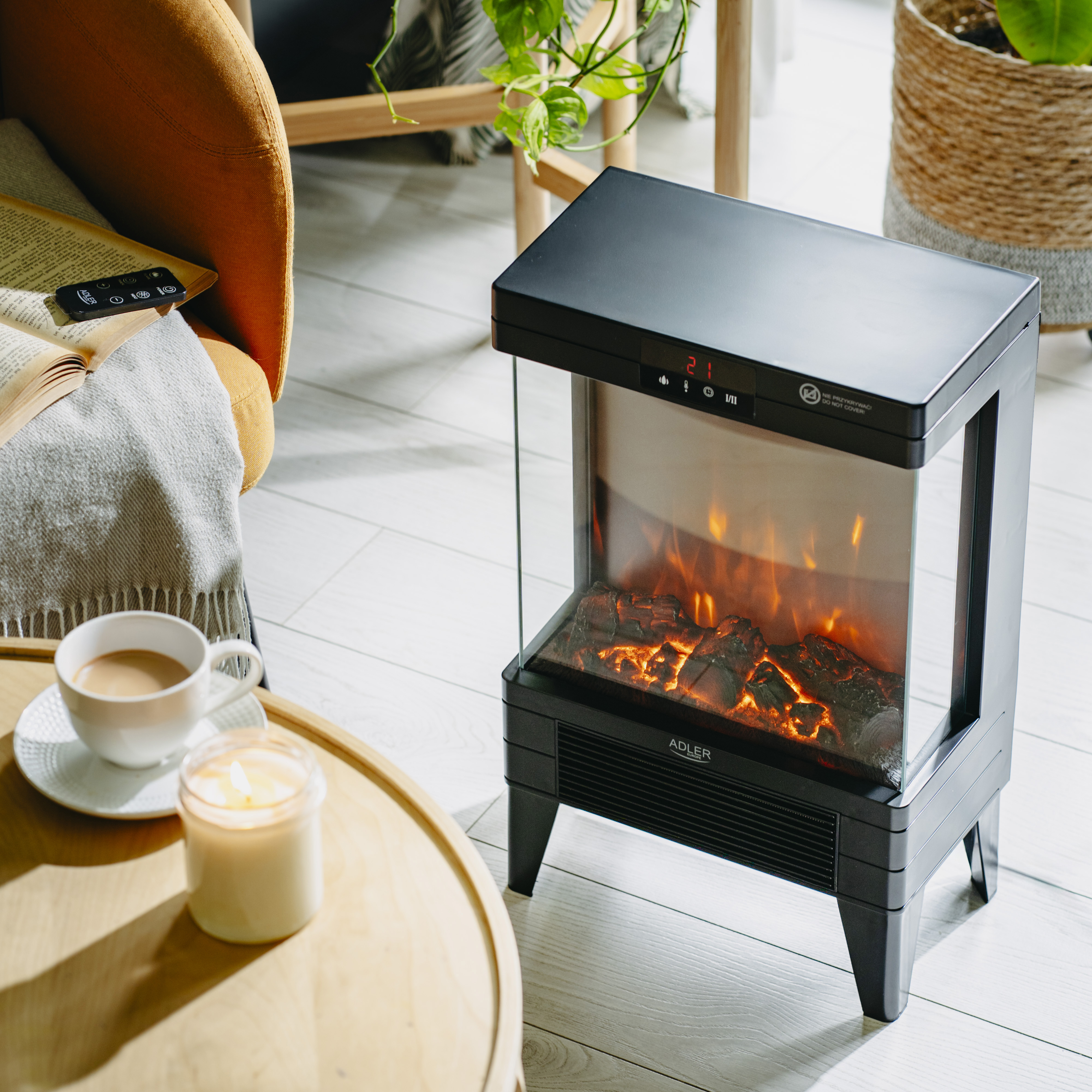 Adler LED electric fireplace with remote control | AD 7755 | Ceramic Heater | 2000 W | Number of power levels 2 | Black