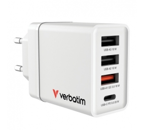Verbatim 49701 USB Įkroviklis 30W 4-Port USB-A, USB-C, EU Plug, Balta
