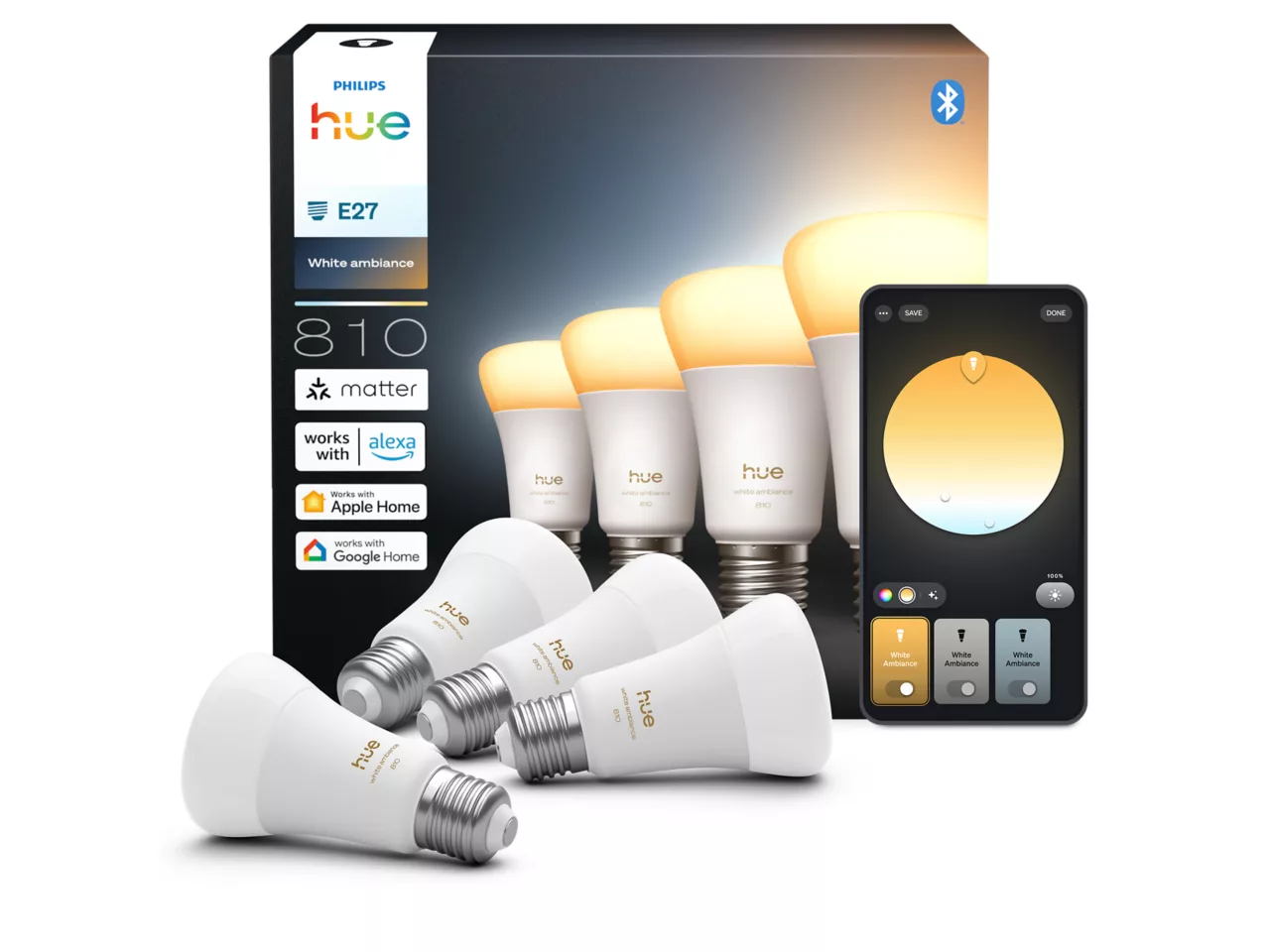 Philips Hue WA 810 A60 4P EU | E27 | 6 W | Warm to cool white light | Bluetooth and Zigbee