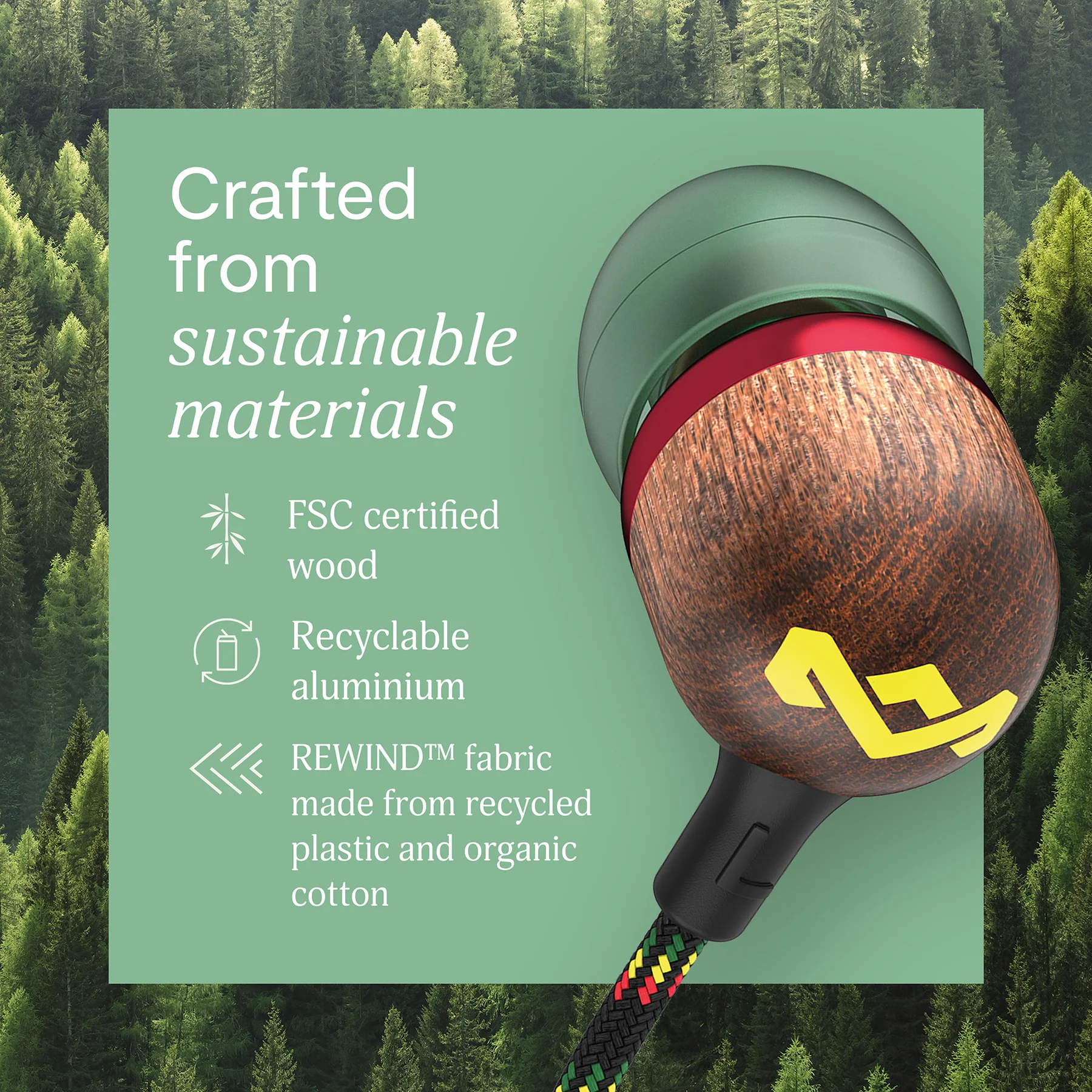 Marley Wired Earbuds | Smile Jamaica | Built-in microphone | USB Type-C | Rasta