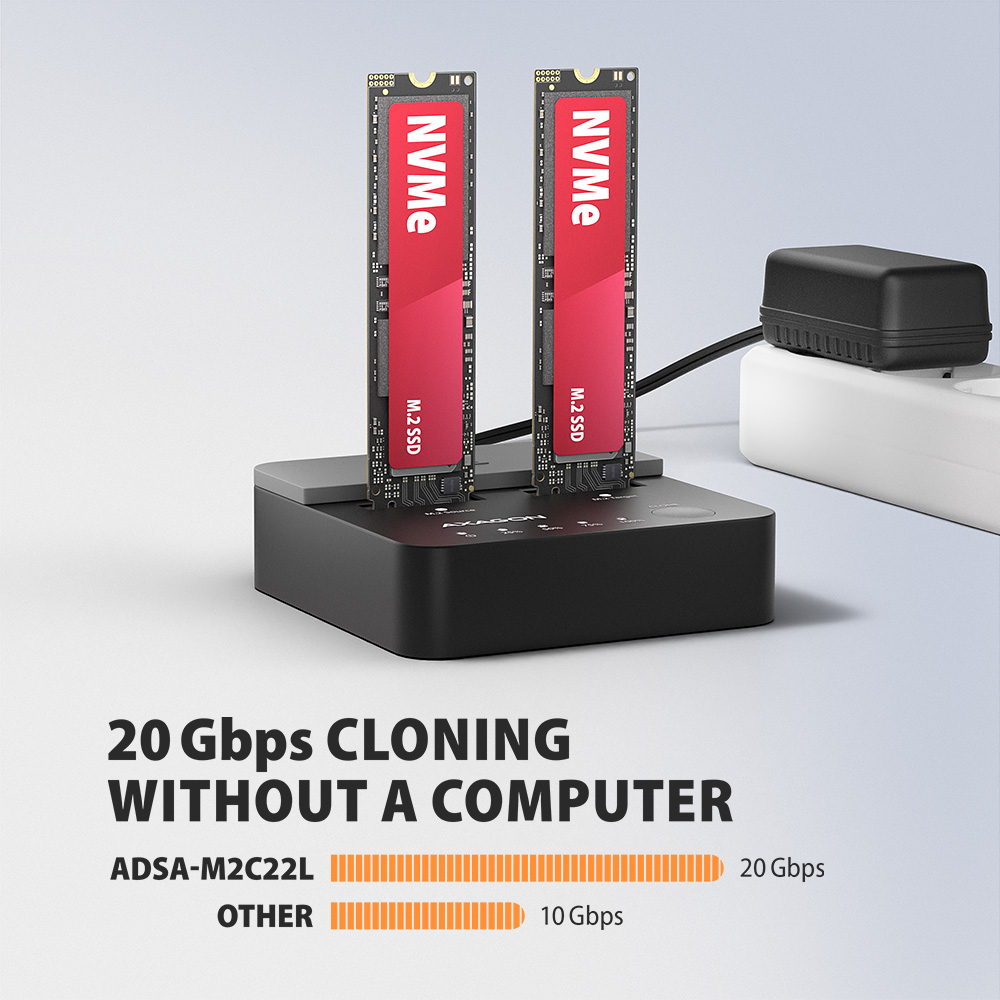 AXAGON | USB-C 20Gbps docking station for 2× M.2 NVMe SSD with disk cloning function without PC | ADSA-M2C22L